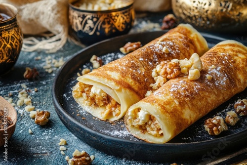 Delicious Walnut And Cream Filled Crepes On Plate