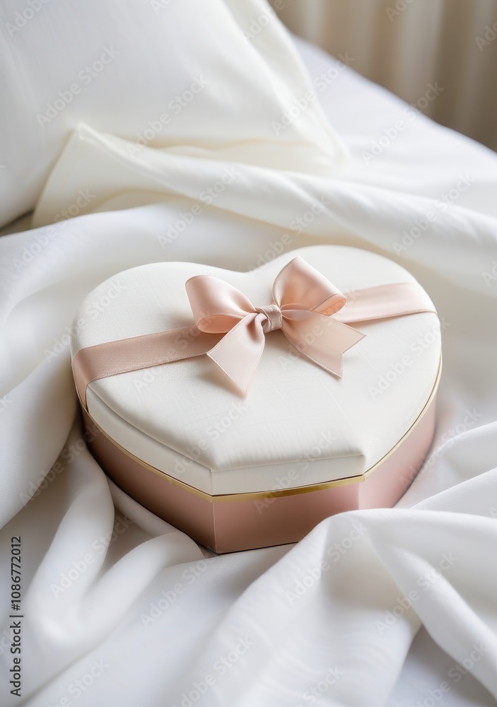 Soft pastel heart-shaped gift box with a delicate bow, resting on a plush bed of white fabric, creating a soft, elegant vibe Soft pastel heart-shaped gift box with a delicate bow, resting on a plush bed of white fabric, creating a soft, elegant vibe