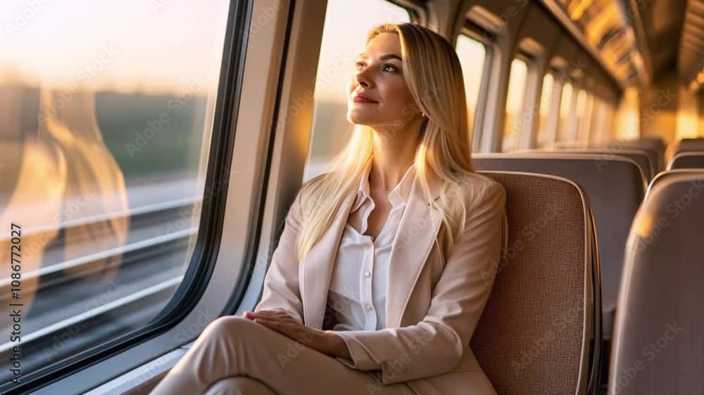A young woman with blonde hair sits by a train window, looking at the camera with a smile. A young woman with blonde hair sits by a train window, looking at the camera with a smile.