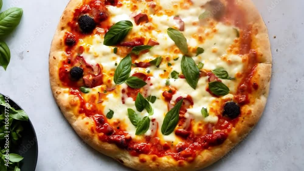 Delicious Italian meal featuring freshly baked pizza with melted cheese, vibrant tomato sauce, and aromatic basil for perfect food experience. Delicious Italian meal featuring freshly baked pizza with melted cheese, vibrant tomato sauce, and aromatic basil for perfect food experience.