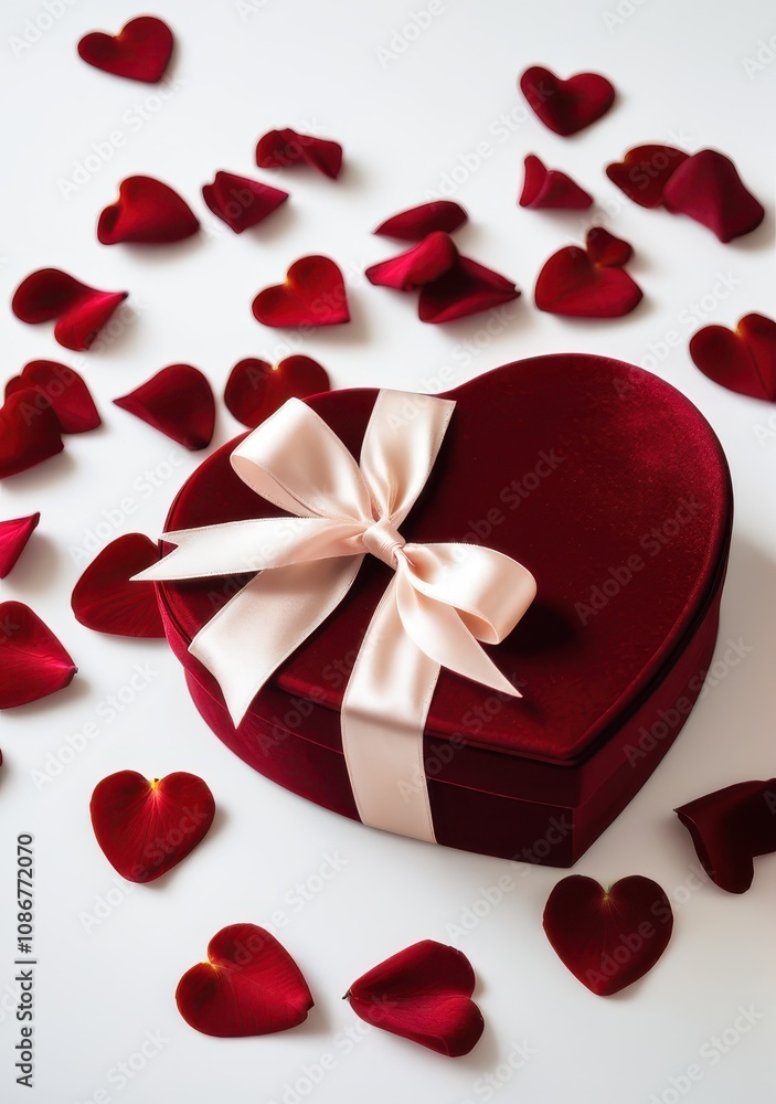 Heart-shaped gift box with red velvet texture and a satin ribbon bow, placed on a white table with scattered rose petals, bathed in soft romantic lighting Heart-shaped gift box with red velvet texture and a satin ribbon bow, placed on a white table with scattered rose petals, bathed in soft romantic lighting