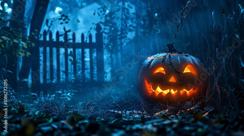 The night of halloween pumpkin headed frightened ghost in an enclosure before midnight photo