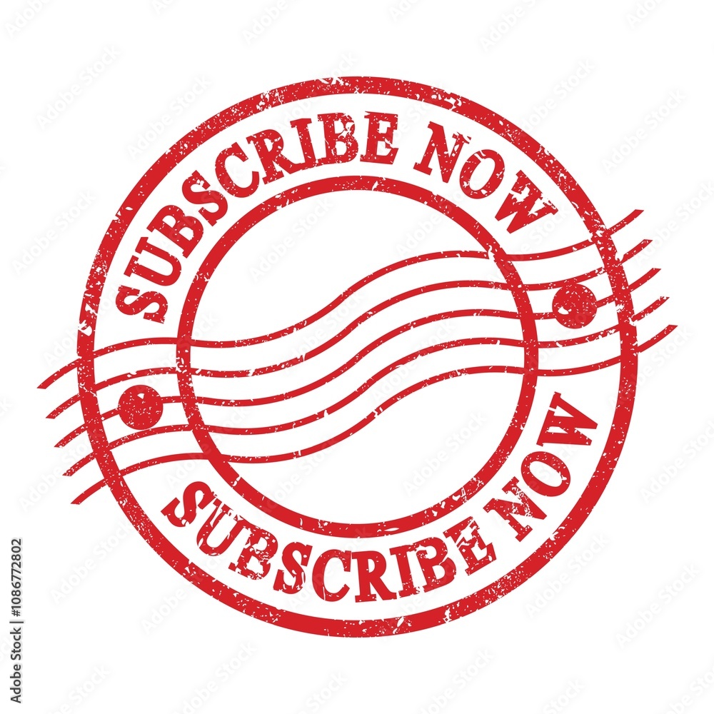 SUBSCRIBE NOW, text written on red postal stamp. SUBSCRIBE NOW, text written on red postal stamp.
