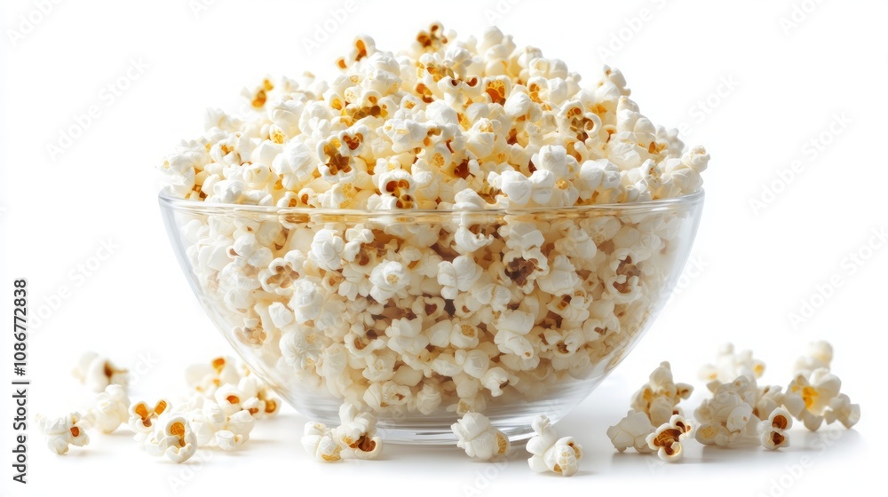 A glass bowl filled with fluffy popcorn with a few scattered kernels in front of it, isolated on a white background. A glass bowl filled with fluffy popcorn with a few scattered kernels in front of it, isolated on a white background.