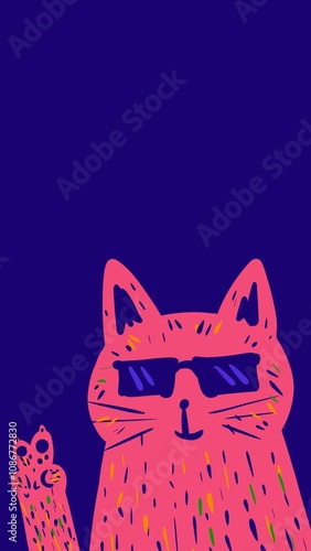 A pink cat wearing sunglasses gives peace sign on dark blue.