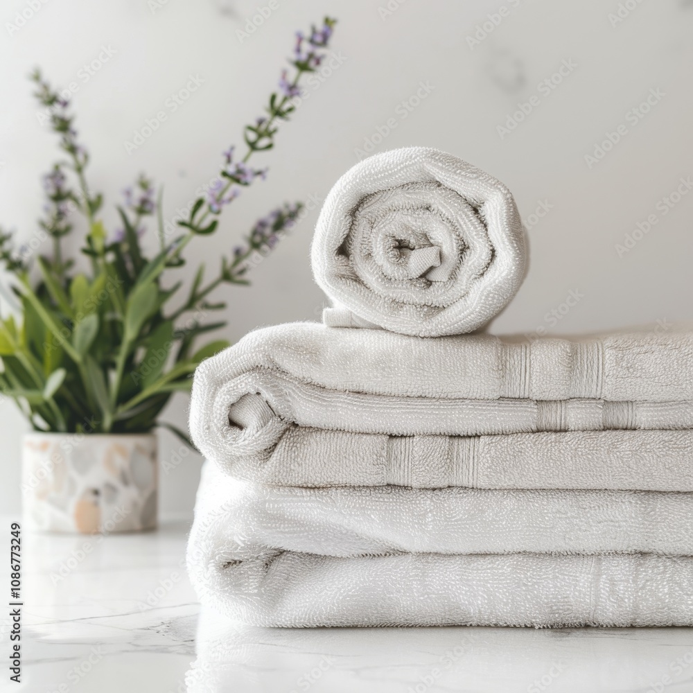 Clean soft rolled towels on white table banner, hotel, spa mockup with copy space, Clean soft rolled towels on white table banner, hotel, spa mockup with copy space,