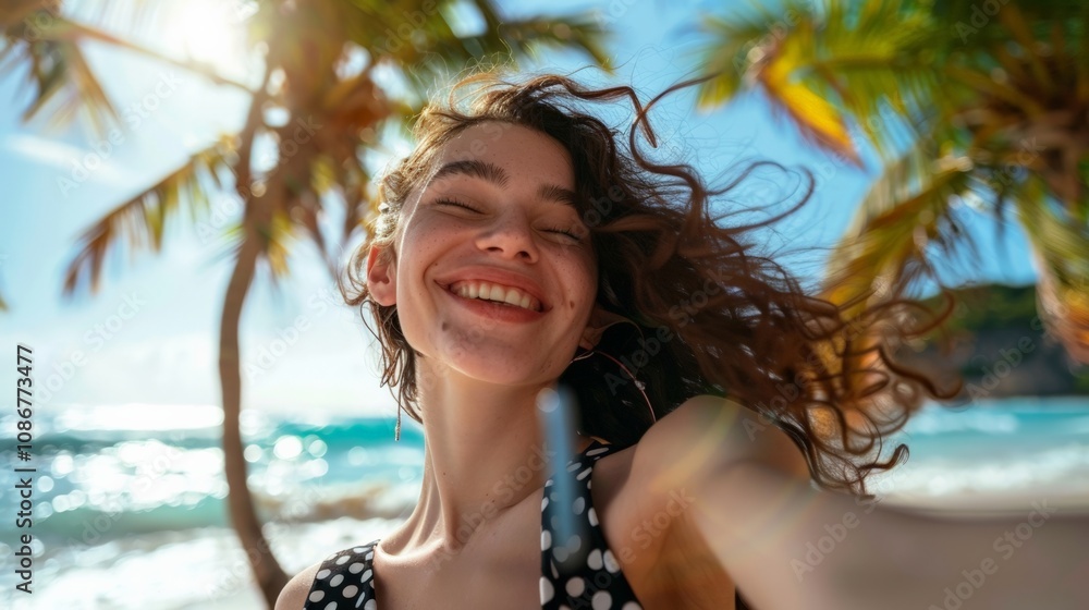 A joyful summer day at the beach with a smiling young woman in a polka dot dress, palm trees swaying in the gentle sea breeze. A joyful summer day at the beach with a smiling young woman in a polka dot dress, palm trees swaying in the gentle sea breeze.