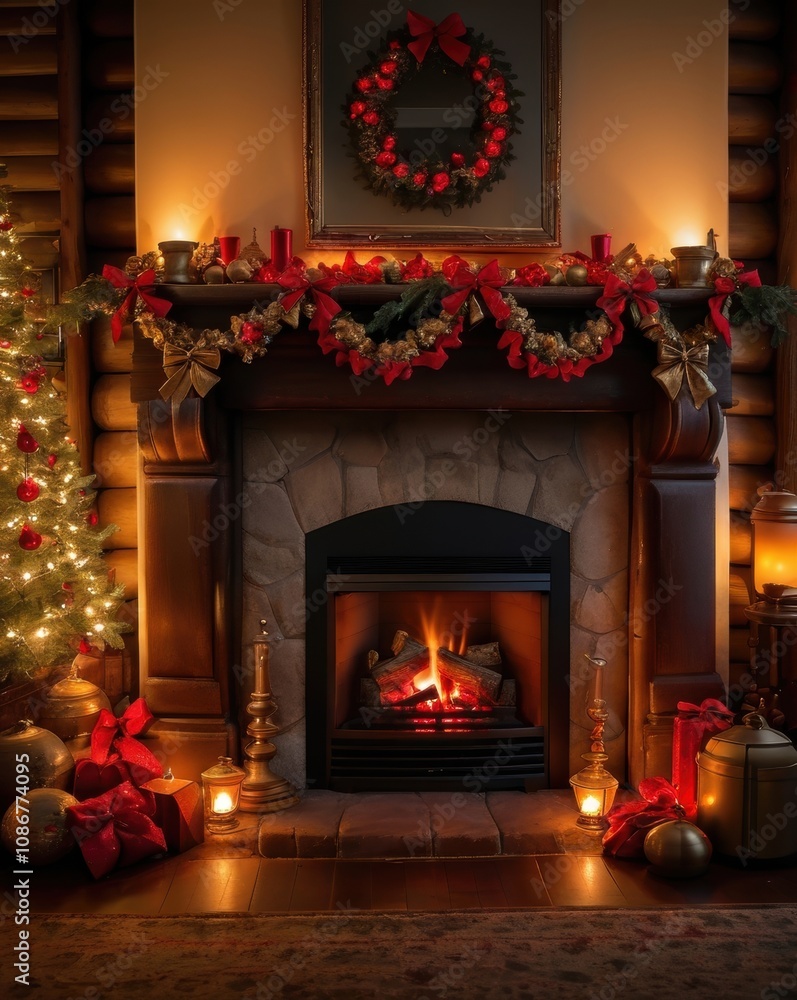 A warm and cozy Christmas living room scene featuring a rustic stone fireplace adorned with festive decorations. The mantel is decorated with a lush garland of red bows, golden ornaments, and greenery A warm and cozy Christmas living room scene featuring a rustic stone fireplace adorned with festive decorations. The mantel is decorated with a lush garland of red bows, golden ornaments, and greenery