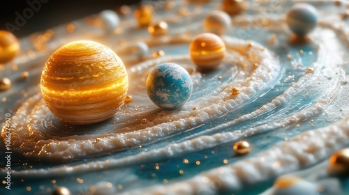 3D solar system model with green energy messages wrapped around planets powered by solar energy.