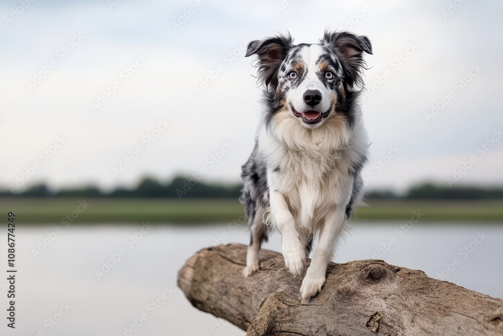 Fototapeta premium Australian Shepherd Jumping Over a Log