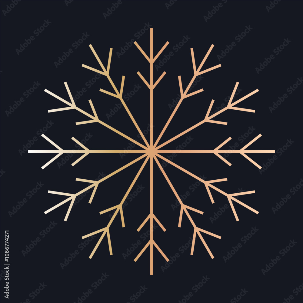 Christmas snowflake illustration. Gradient gold snowflake with a symmetrical, minimalist design on a dark background. Perfect for holiday decorations, cards, and winter themes. Christmas snowflake illustration. Gradient gold snowflake with a symmetrical, minimalist design on a dark background. Perfect for holiday decorations, cards, and winter themes.