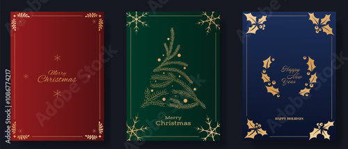 Christmas and New Year greeting card set. Blue, red, and green backgrounds feature gold accents, including snowflakes, pine branches forming a tree, and holly wreaths