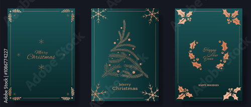 Christmas and New Year greeting card set. Green backgrounds with gold accents, including snowflakes, a pine tree made of branches, holly leaves, and berries. Merry Christmas, Happy New Year