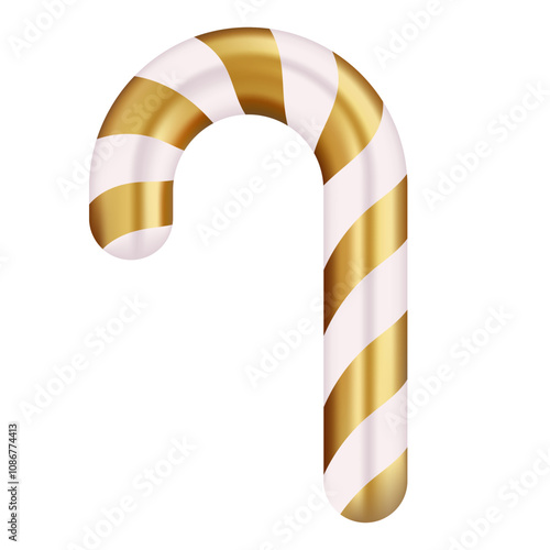 White and gold candy cane illustration. Elegant striped design with a luxurious appearance, perfect for Christmas decorations and sophisticated holiday themes.