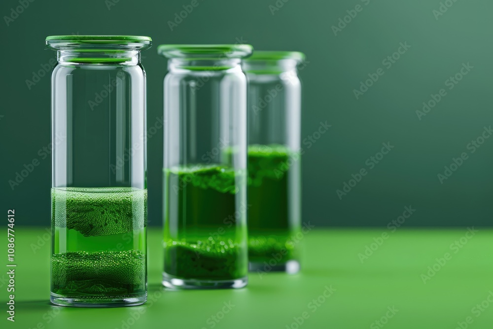 Three glass test tubes filled with vibrant green liquid, set against a smooth green background, suggest scientific experimentation or nature exploration. Three glass test tubes filled with vibrant green liquid, set against a smooth green background, suggest scientific experimentation or nature exploration.