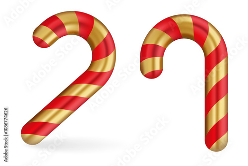 Red and gold candy cane illustration. Festive striped design combining vibrant red with metallic gold, perfect for Christmas themes, decorations, and celebrations.