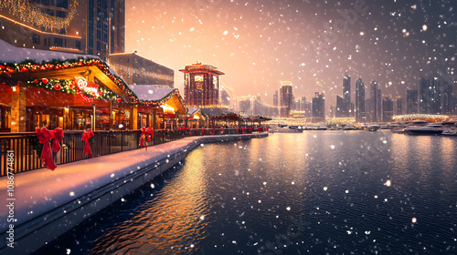 A Breathtaking Christmas Postcard Image Capturing the Festive Spirit of Dubai Harbour Under a Blanket of Snow photo