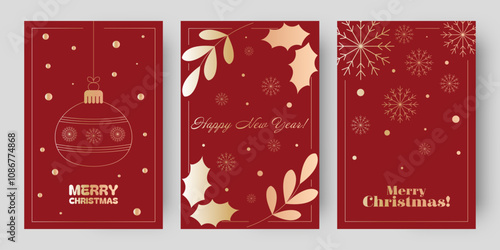 Christmas card collection with red backgrounds and golden details. Includes ornaments, holly, snowflakes, festive Happy New Year Merry Christmas, seasonal greetings