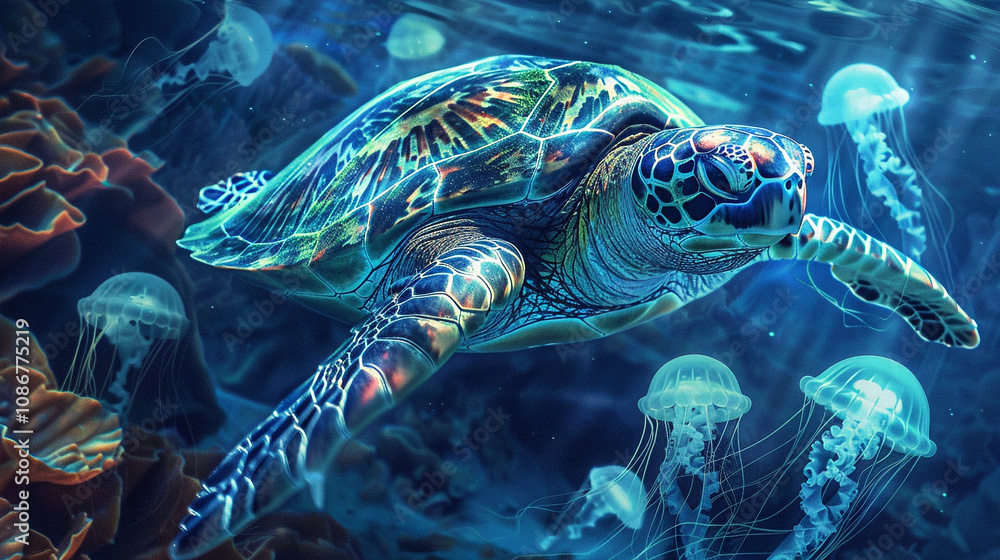 Fototapeta premium Neon Sea turtle in the sea underwater