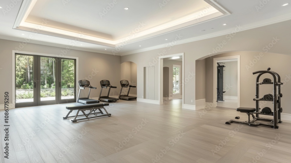 Roman-Inspired Elegant Home Gym with High-End Equipment and Ambient Lighting for Fitness and Wellness Enthusiasts Roman-Inspired Elegant Home Gym with High-End Equipment and Ambient Lighting for Fitness and Wellness Enthusiasts