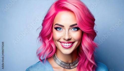 quirky portrait of pinkhaired woman playful expression vibrant blue eyes colorful makeup you photo