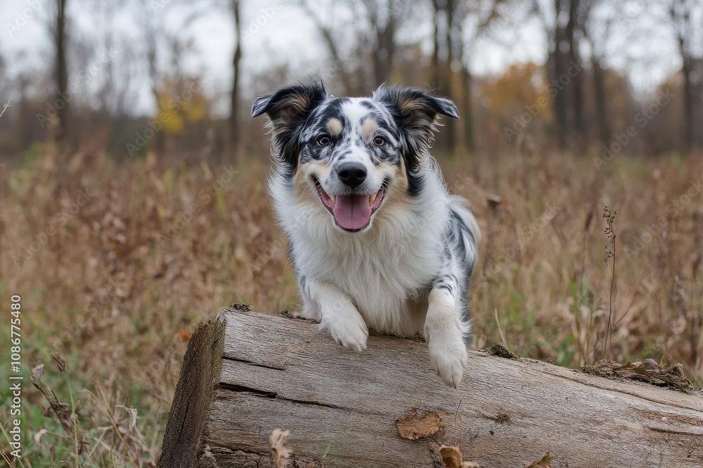 Australian Shepherd Jumping Over a Log Australian Shepherd Jumping Over a Log