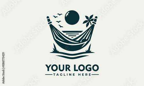 Hammock between palm trees at sunset vector logo. Relaxation, vacation, tropical destinations, travel, serenity, paradise, holidays, leisure, tranquility, peaceful getaway