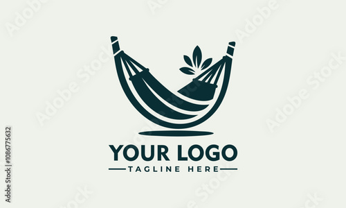 Hammock between palm trees at sunset vector logo. Relaxation, vacation, tropical destinations, travel, serenity, paradise, holidays, leisure, tranquility, peaceful getaway