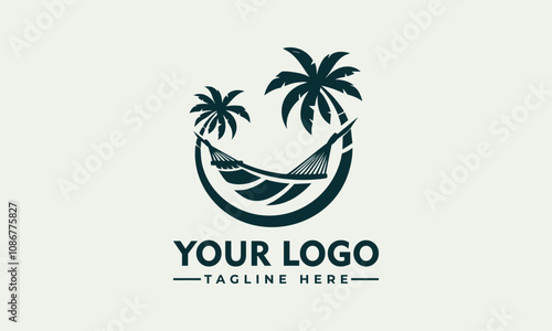 Hammock between palm trees at sunset vector logo. Relaxation, vacation, tropical destinations, travel, serenity, paradise, holidays, leisure, tranquility, peaceful getaway