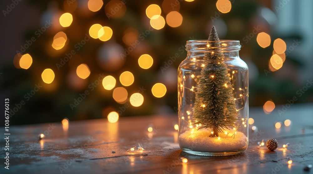 Merry Christmas and Happy New Year Concept - Elegant Christmas Tree in Glass Jar Decoration Merry Christmas and Happy New Year Concept - Elegant Christmas Tree in Glass Jar Decoration