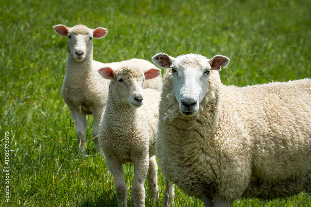 mother sheep and her lambs in lush green grassy field mother sheep and her lambs in lush green grassy field