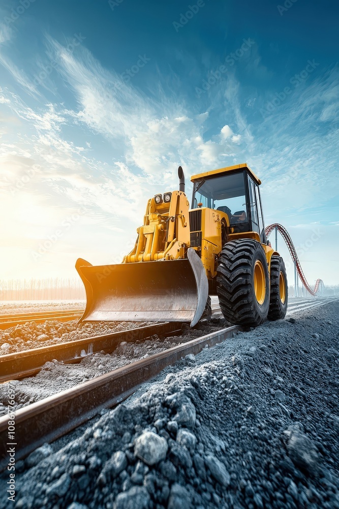 Yellow Bulldozer Working on Railroad Tracks Yellow Bulldozer Working on Railroad Tracks