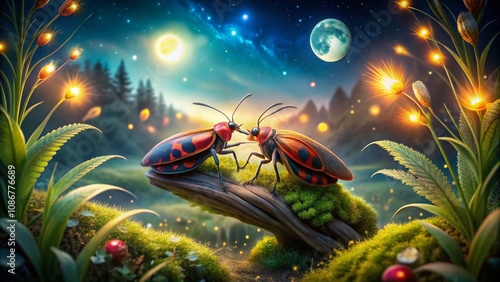 Captivating Night Photography of Lovebugs in a Romantic Setting Under the Stars, Showcasing Their Unique Characteristics and Enchanting Glow Amidst Nature's Beauty photo