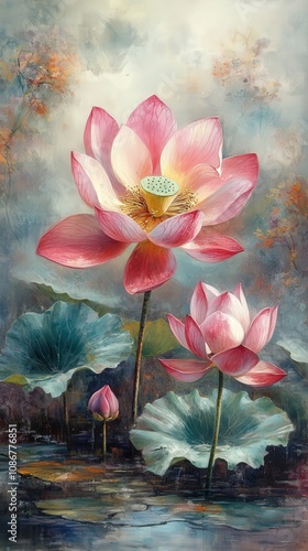 Beautiful pink lotus flowers blooming gracefully in a serene pond setting, surrounded by lush green leaves and soft backgrounds.