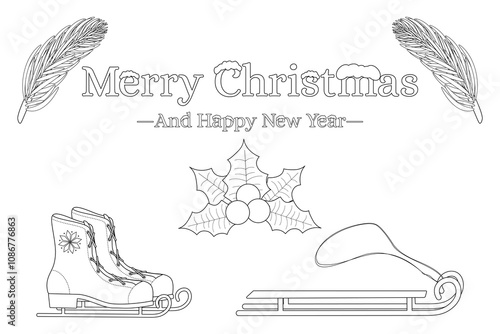 Festive coloring page featuring skates, sleigh, holly, and Christmas greeting. Perfect for winter holiday activities for kids.