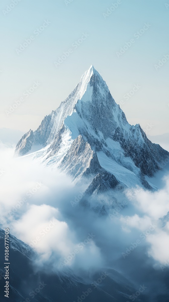 Obraz premium Breathtaking mountain peak surrounded by soft clouds under a clear blue sky, evoking serenity and natural beauty.