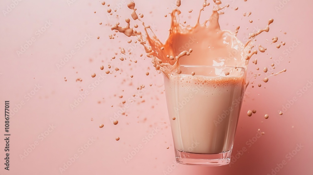A glass of milk splashing on a pink background. A glass of milk splashing on a pink background.