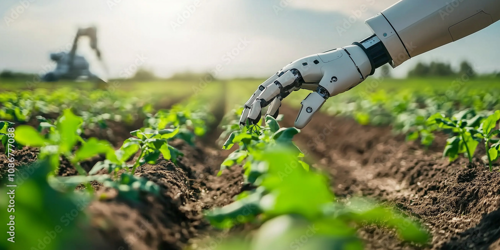 robotic arm in futuristic farm gently harvests crops, showcasing advanced agricultural technology and innovation in sustainable farming practices robotic arm in futuristic farm gently harvests crops, showcasing advanced agricultural technology and innovation in sustainable farming practices