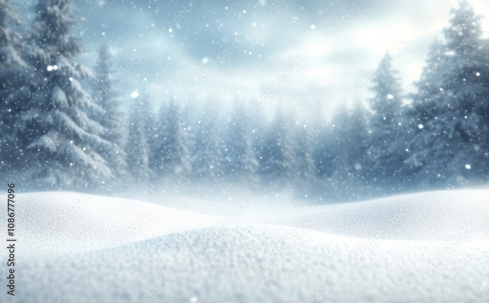 Serene Winter Landscape with Snowy Forest and Soft Flurries for Christmas and New Year Celebration Serene Winter Landscape with Snowy Forest and Soft Flurries for Christmas and New Year Celebration