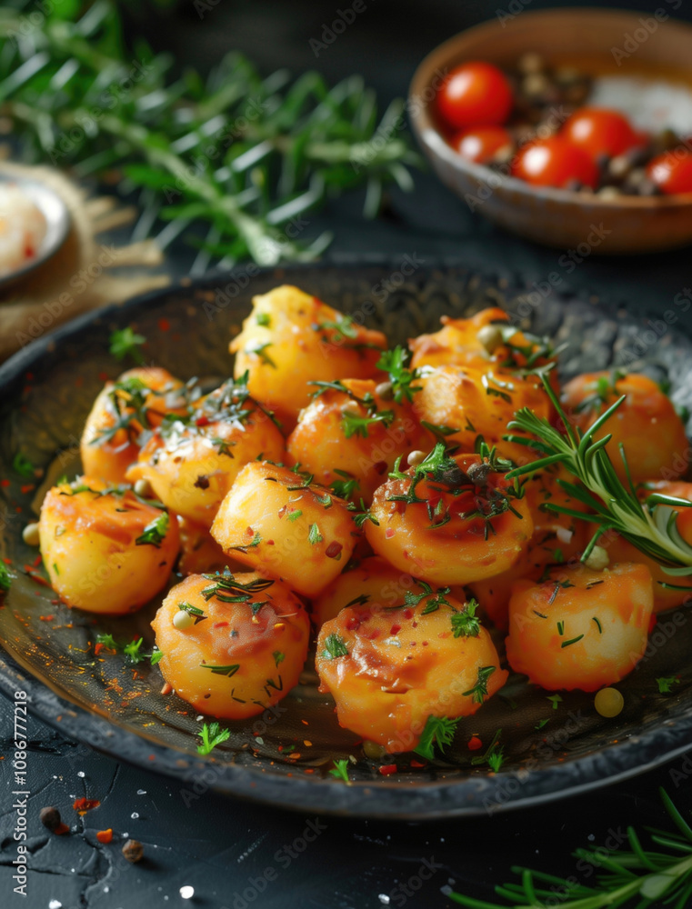 Traditional Spanish Patatas Bravas with Spicy Sauce on Black Plate Traditional Spanish Patatas Bravas with Spicy Sauce on Black Plate