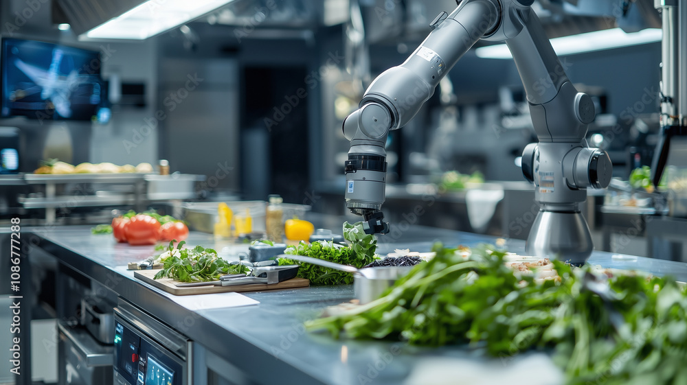 robotic arm in high tech culinary school kitchen prepares fresh ingredients, showcasing innovation in cooking technology. modern setting highlights advanced culinary techniques robotic arm in high tech culinary school kitchen prepares fresh ingredients, showcasing innovation in cooking technology. modern setting highlights advanced culinary techniques