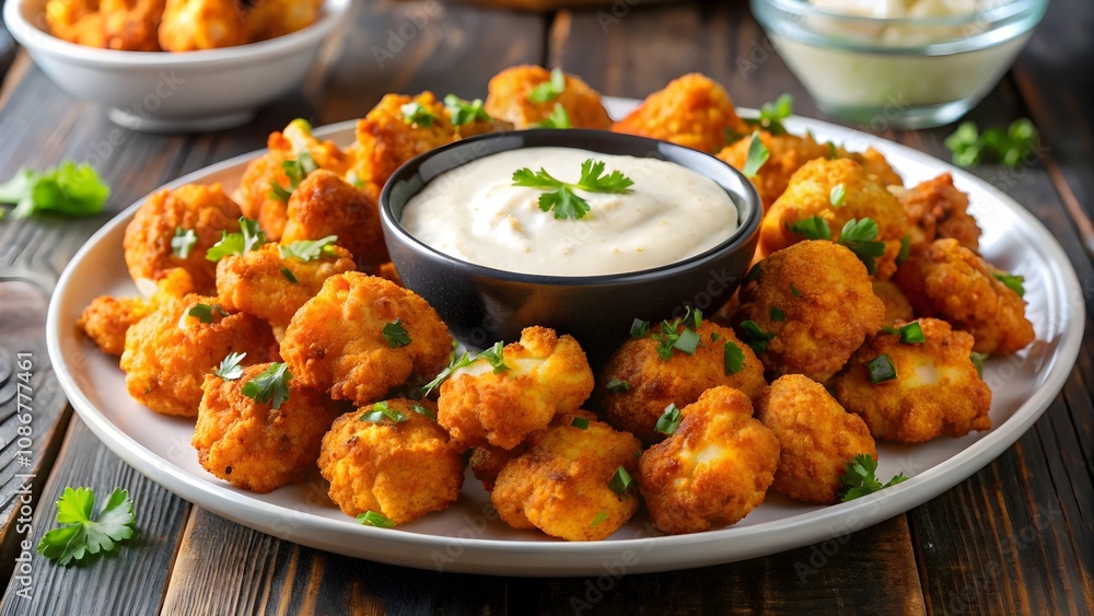 Plate of crispy cauliflower wings with vegan ranch dressing, plant-based snack perfect for health-conscious eaters. Plate of crispy cauliflower wings with vegan ranch dressing, plant-based snack perfect for health-conscious eaters.