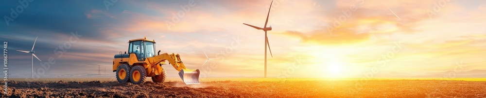 Excavator on Field with Wind Turbines at Sunset Excavator on Field with Wind Turbines at Sunset