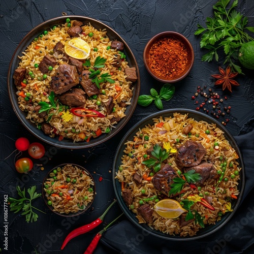 Set of Pilau or Pilaf on Dark Background Top View photo