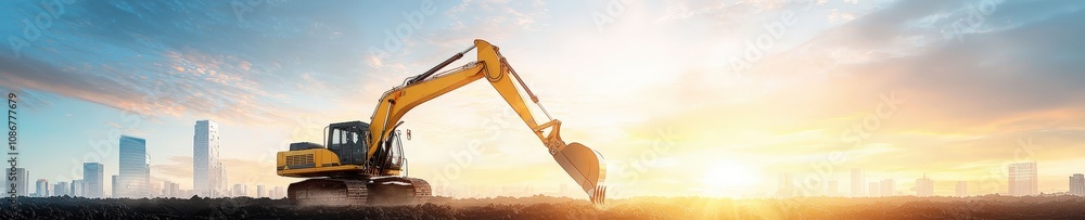 Excavator at Sunrise on Construction Site Excavator at Sunrise on Construction Site