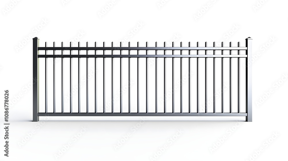 Isolated black metal fence with sharp tips and a concrete base Isolated black metal fence with sharp tips and a concrete base