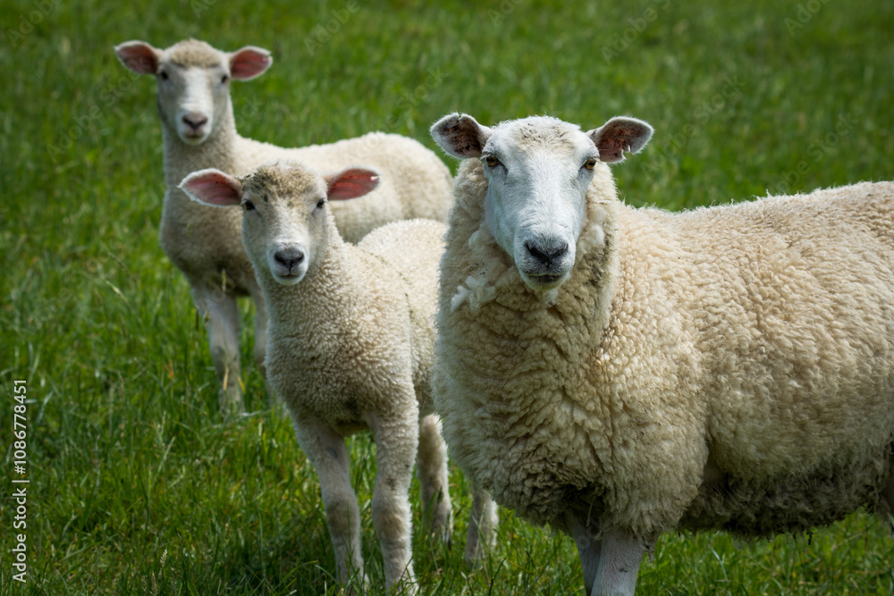 mother sheep and her lambs in lush green grassy field mother sheep and her lambs in lush green grassy field