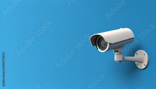 A wall-mounted security camera against a blue background, designed for surveillance and monitoring.