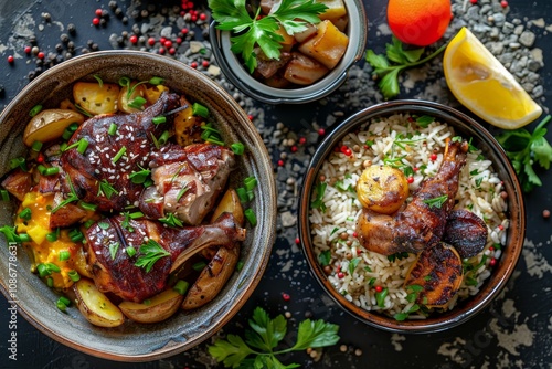 Lyavangi and Jiz-biz, Roasted Quail with Rice and Grilled Liver, Heart and Lungs in Ceramic Bowls photo