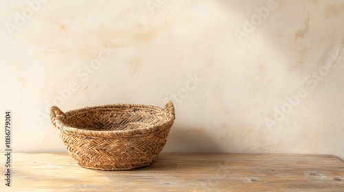 Woven Basket on Rustic Table Against Softly Textured Wall Background Perfect for Home Decor, Minimalistic Design, and Natural Aesthetic Inspiration